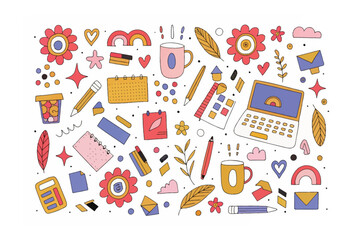 Doodle Style: Vibrant, whimsical doodles create a cheerful atmosphere with objects related to work and creativity.