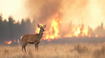 Deer on a background of burning forest