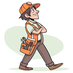 Cartoon Construction Worker with Cheerful Expression Stands Confidently with Arms Crossed Ready for any Building Project or Task