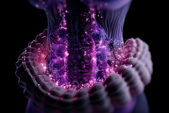 Abstract purple glowing organic structure background wallpaper with particles and light effect - Powered by Adobe