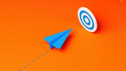 Paper airplane flying towards a target on orange background
