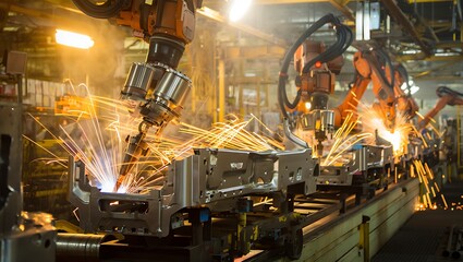 Multiple robotic arms with intense bright sparks perform precision welding on automotive parts along an active assembly line in a factory.