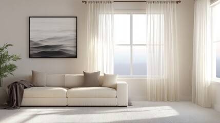 Fototapeta premium Scandinavian-inspired living space with neutral tones and abstract art, radiating modern comfort.