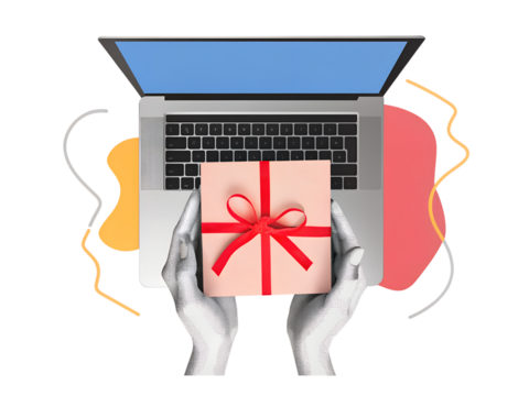Hands holding out a gift box with a bow from a laptop screen. Modern photo collage style. Illustration on transparent background