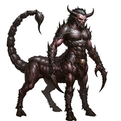 Illustration of a demonic centaur with a scorpion tail and armored plating standing upright on transparent background