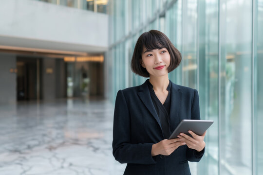 Confident Asian businesswoman holding a digital tablet in a modern corporate office lobby
