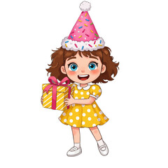 A cartoon girl with a birthday hat holding a gift box with a ribbon on a white background image on transparent background