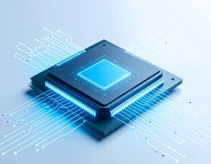 A glowing blue central processing unit (CPU) on a circuit board with digital connections.