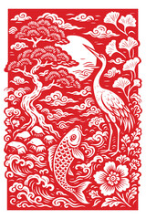 Traditional Japanese-style woodcut illustration depicting a graceful crane standing beside a koi fish, under a full moon. Surrounded by pine trees, ginkgo leaves, ocean waves, and clouds in an intrica