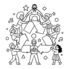 Playful line art illustration showing diverse people cooperating to form a recycling symbol.