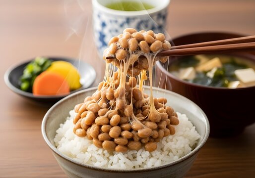 Chopsticks lifting sticky natto fermented soybeans over steamed white rice served with miso soup and pickled vegetables for gut health and immunity