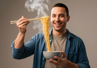Happy man holding steaming noodles with chopsticks smiling at camera showing fresh hot meal and enjoyment of healthy delicious Asian inspired comfort food
