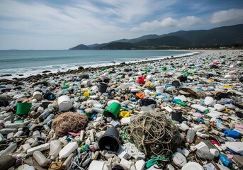 Coastal beach covered in plastic bottles containers ropes and debris showing ocean pollution waste crisis and environmental contamination problem