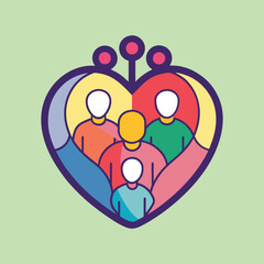 Colorful abstract family illustration forming a heart shape, showcasing unity and love