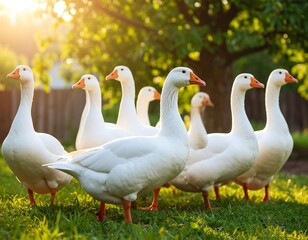 Flock of white geese in a sunlit garden