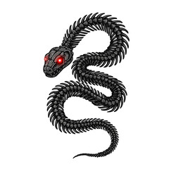 Illustration of a black skeletal snake with red eyes coiled on a white background in a stylized manner on transparent background
