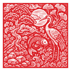 Detailed woodcut-style Japanese artwork featuring a crane and koi fish under a full moon, framed by pine trees, ginkgo leaves, rocks, flowers, and swirling clouds.