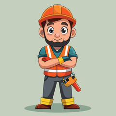 Fototapeta premium Cartoon Construction Worker with Cheerful Expression Stands Confidently with Arms Crossed Ready for any Building Project or Task