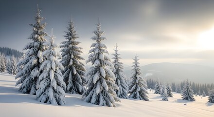Stunning Snow Covered Pine Trees in Winter Mountain Forest Scene