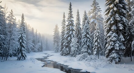 Serene Winter Wonderland Forest with Snow Covered Pine Trees and Flowing Stream