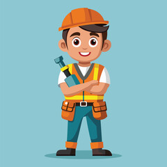 Cartoon Construction Worker with Cheerful Expression Stands Confidently with Arms Crossed Ready for any Building Project or Task