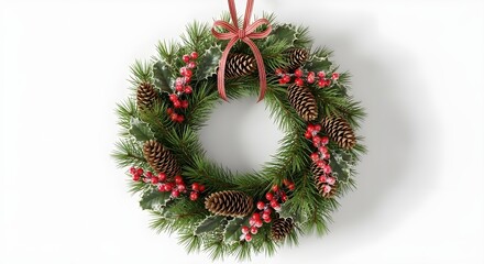 Festive Christmas Wreath with Pinecones and Berries on White Background