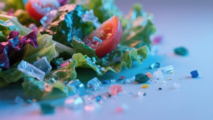 Fresh salad with tomato contaminated by colorful microplastic fragments illustrating food pollution waste and human health risk