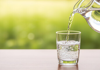 Clear fresh water being poured from glass jug into drinking glass on wooden table with green background symbolizing hydration purity and healthy lifestyle