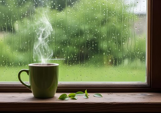 Steaming green mug of tea on wooden windowsill with fresh leaves and raindrops on glass overlooking lush garden in peaceful cozy atmosphere