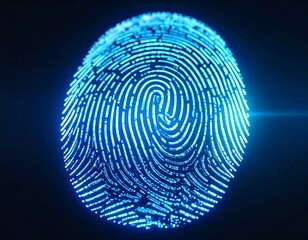 Close-up of a glowing blue digital fingerprint, representing biometric security and identification.