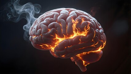 Human brain with glowing fire inside and smoke symbolizing stress burnout neurological inflammation