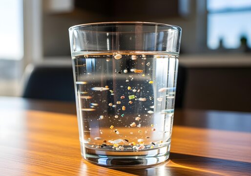 Glass of drinking water containing suspended colorful microplastics representing pollution contamination and human health hazard concept