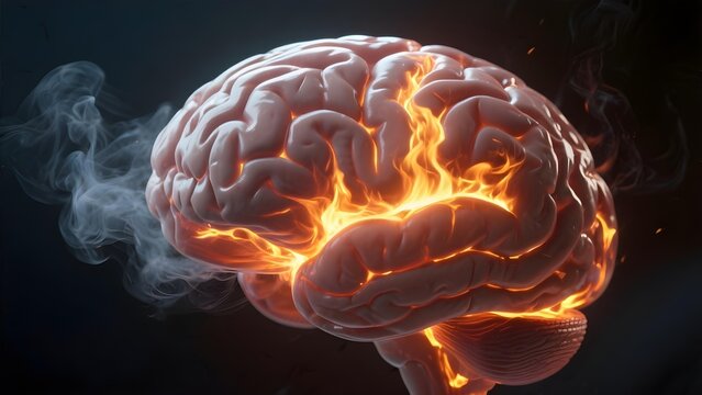 Human brain with glowing fire inside and smoke symbolizing stress burnout neurological inflammation