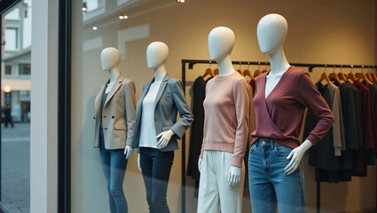 Naklejka premium Stylish Clothing Shop Window Display With Mannequins Wearing Modern Casual Outfits And Minimalistic Interior