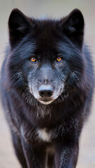 A black wolf faces the camera in a symmetrical frontal portrait composition