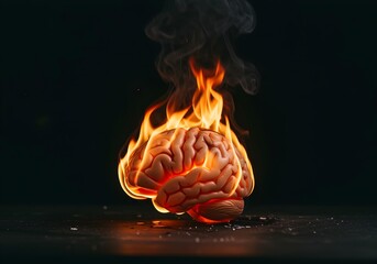 Human brain in flames glowing in dark background symbolizing mental exhaustion and neurological crisis