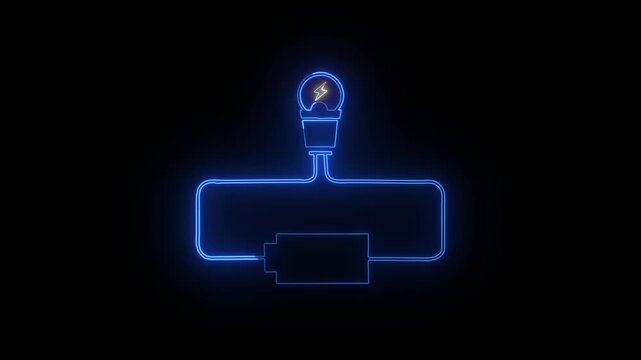 pulsating blue color  electric grid animation, electrical schematic, glowing light bulb, battery icon,  Simple Closed Circuit Illustration and Electrical Education Concepts . 4k video