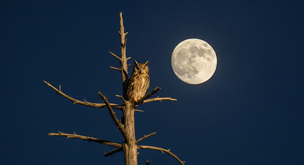 A majestic owl perched atop a barren tree against a backdrop of a luminous full moon at night ai generated