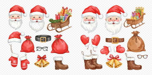 A charming watercolor collection of Santa Claus elements, including his face, costume, sleigh full of gifts, and festive accessories.