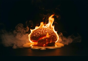 Human brain in flames glowing in dark background symbolizing mental exhaustion and neurological crisis
