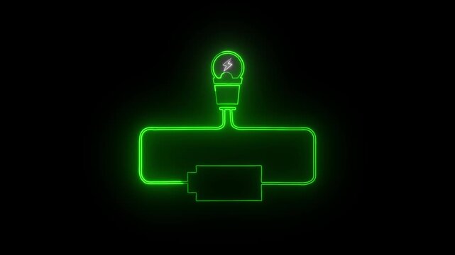 pulsating white color  electric grid animation, electrical schematic, glowing light bulb, battery icon,  Simple Closed Circuit Illustration and Electrical Education Concepts on black background. 
