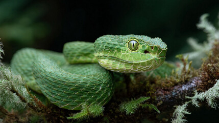 Naklejka premium bush viper in mossy branch