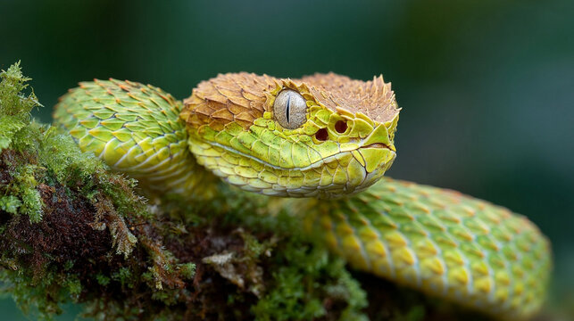 bush viper in mossy branch