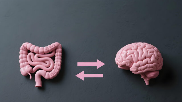 3D illustration of human intestine and brain connected by arrows symbolizing gut brain axis and health relationship