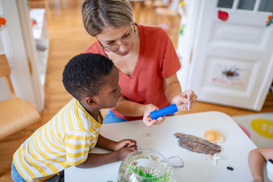  Preschool teacher guiding diverse children in science activities, exploring plants, seashells, and insects with magnifying glasses and microscopes in a bright classroom.