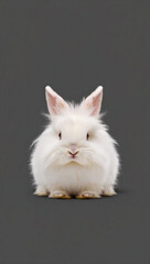 Obraz premium A white angora rabbit with long, fluffy fur sits in a centered, symmetrical pose against a solid dark gray background