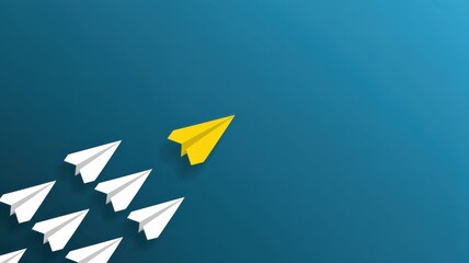 Yellow paper airplane leading white planes. Leadership concept.