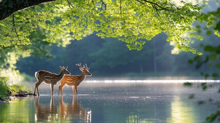 Deer silhouette with a female and fawn on grassland, forest and mountains in the background, green tones.