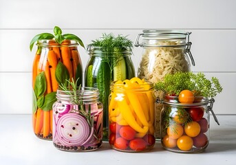 Assorted fermented vegetables in glass jars with carrots cucumbers peppers tomatoes onions and herbs promoting gut health probiotics and immune support