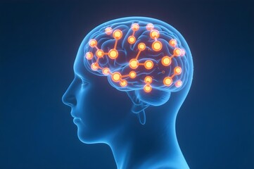Obraz premium Transparent human head with glowing brain network nodes representing neural connections cognition and mental health
